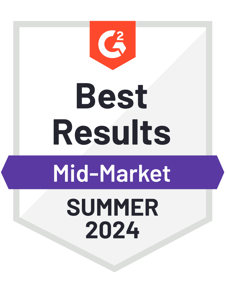 G2 badge: Best Results, Mid-Market, Summer 2023