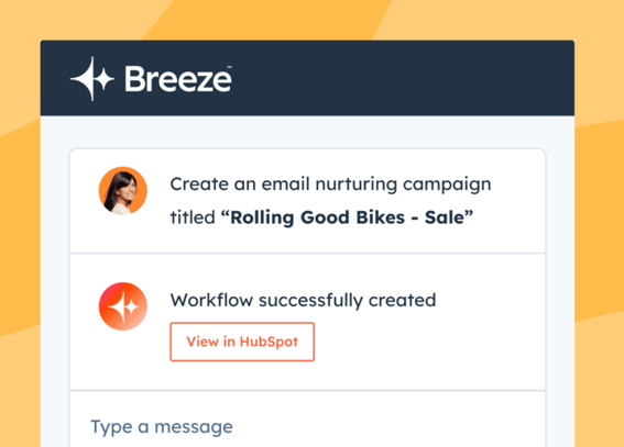 Simplified user interface in HubSpot showing breeze email nurturing campaign workflow