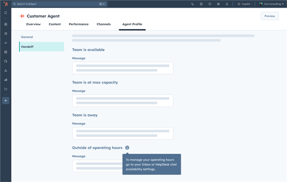 HubSpot's ai customer agent user interface showing handoff