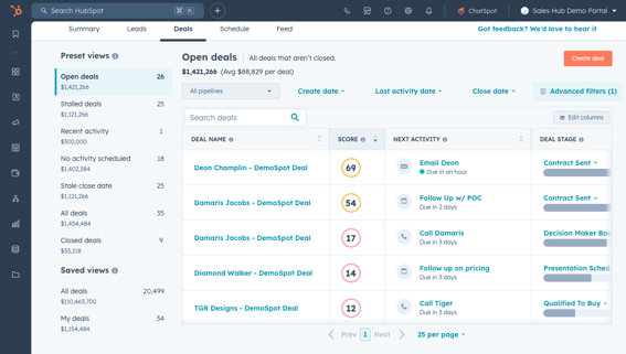 hubspot sales hub user interface showing deals workspace