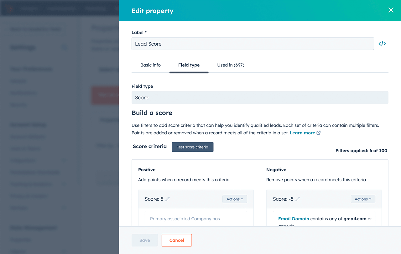 HubSpot lead management software showing lead scoring interface