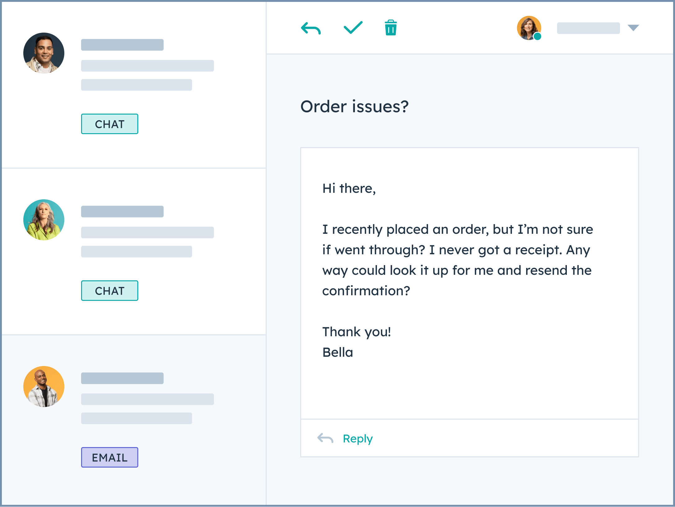 HubSpot UI showing a customer support chat getting handed off to a human