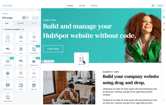 Build and manage your HubSpot website without code. Build your company website using drag and drop. Mockup showing HubSpot's website editor.