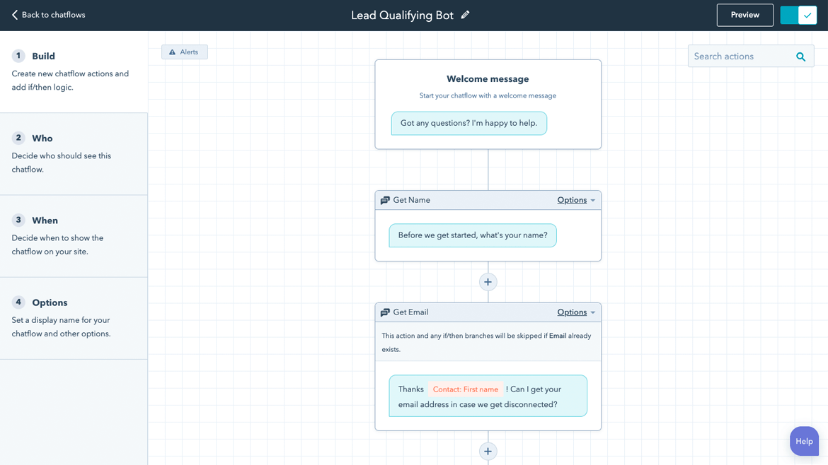 HubSpot UI showing a user creating a lead qualifying bot