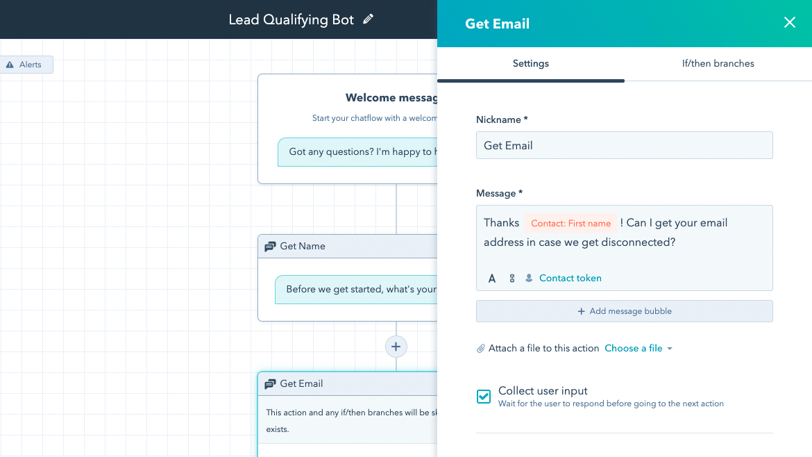 HubSpot UI showing the chatflow editor where a user is setting up a chatflow that pulls in the visitor's first name for better personalization